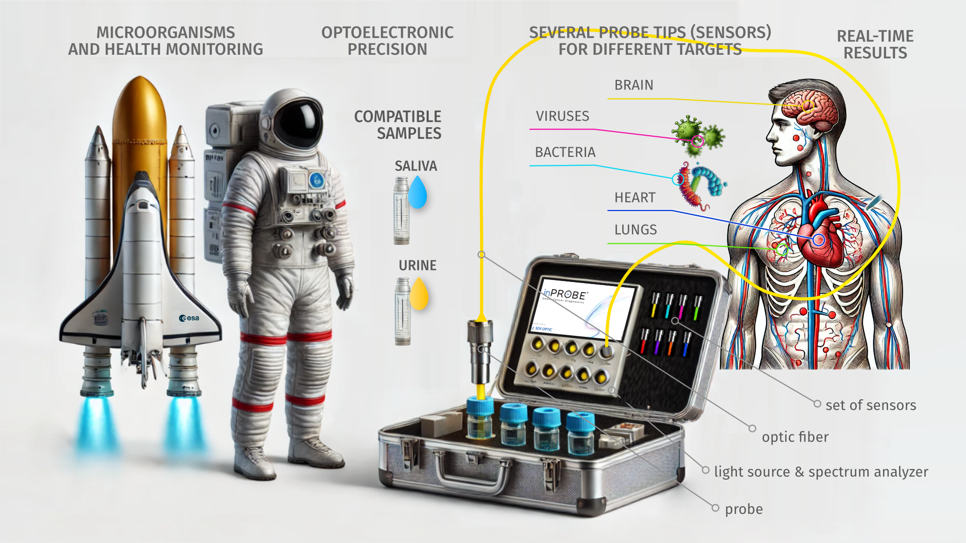 Development of a miniaturized optical biosensor device with interchangeable probe sensors for monitoring astronaut health, microbiological status, and cancer biomarkers in space
